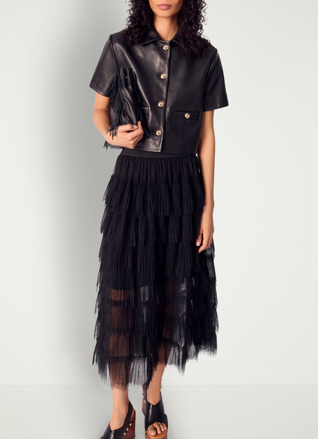 Maje Cropped jack van leer met steekzakken - detail 6 zwart