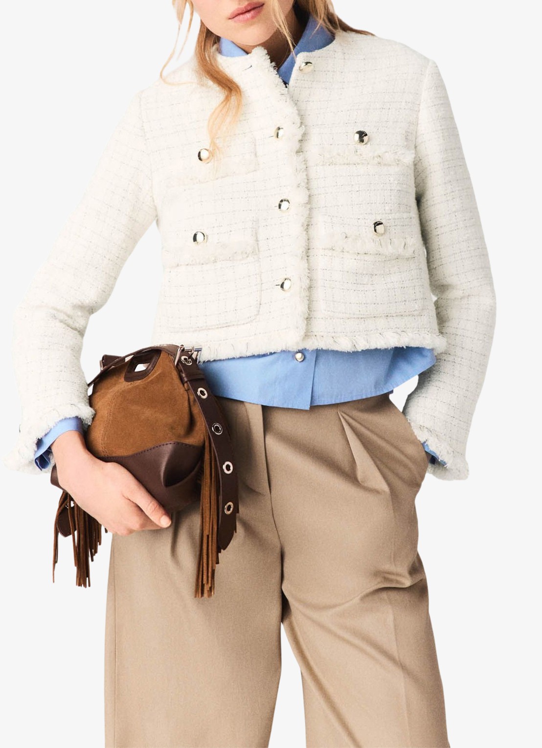 Maje Cropped jack van tweed met opgestikte zakken - detail beige