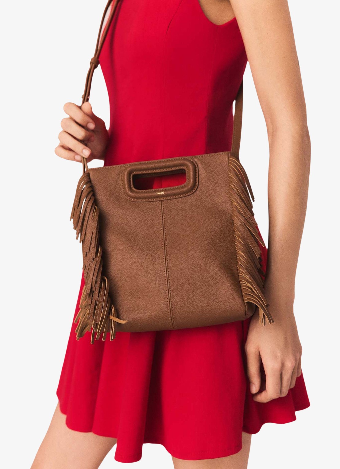 Maje Crossbodytas met franjes - voorkant 7 cognac