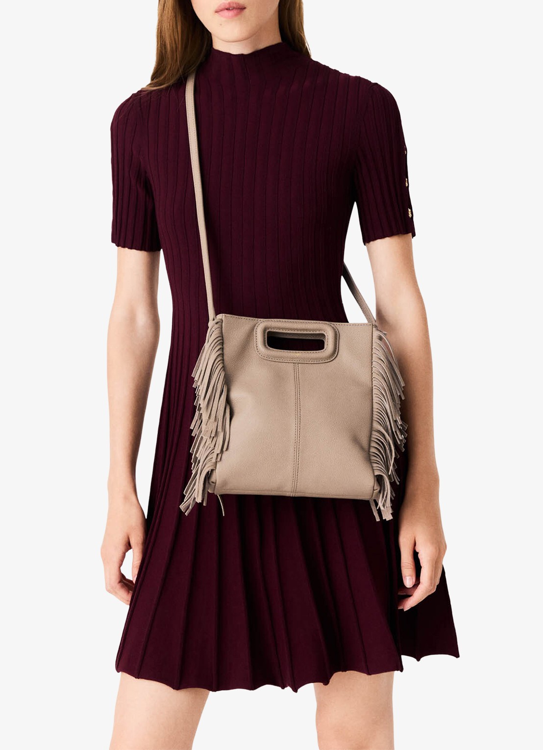 Maje Crossbodytas met franjes - detail beige