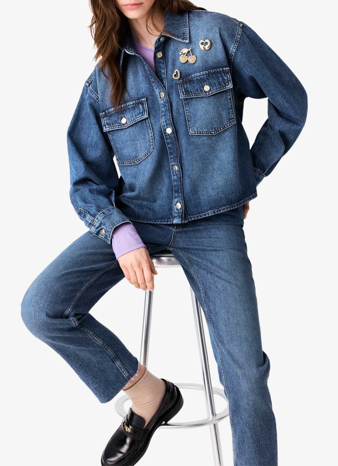 Maje Denim overshirt met sierlijke pins - detail 6 donkerblauw