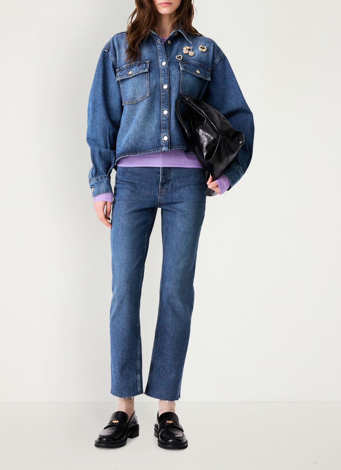 Maje Denim overshirt met sierlijke pins - voorkant 2 donkerblauw