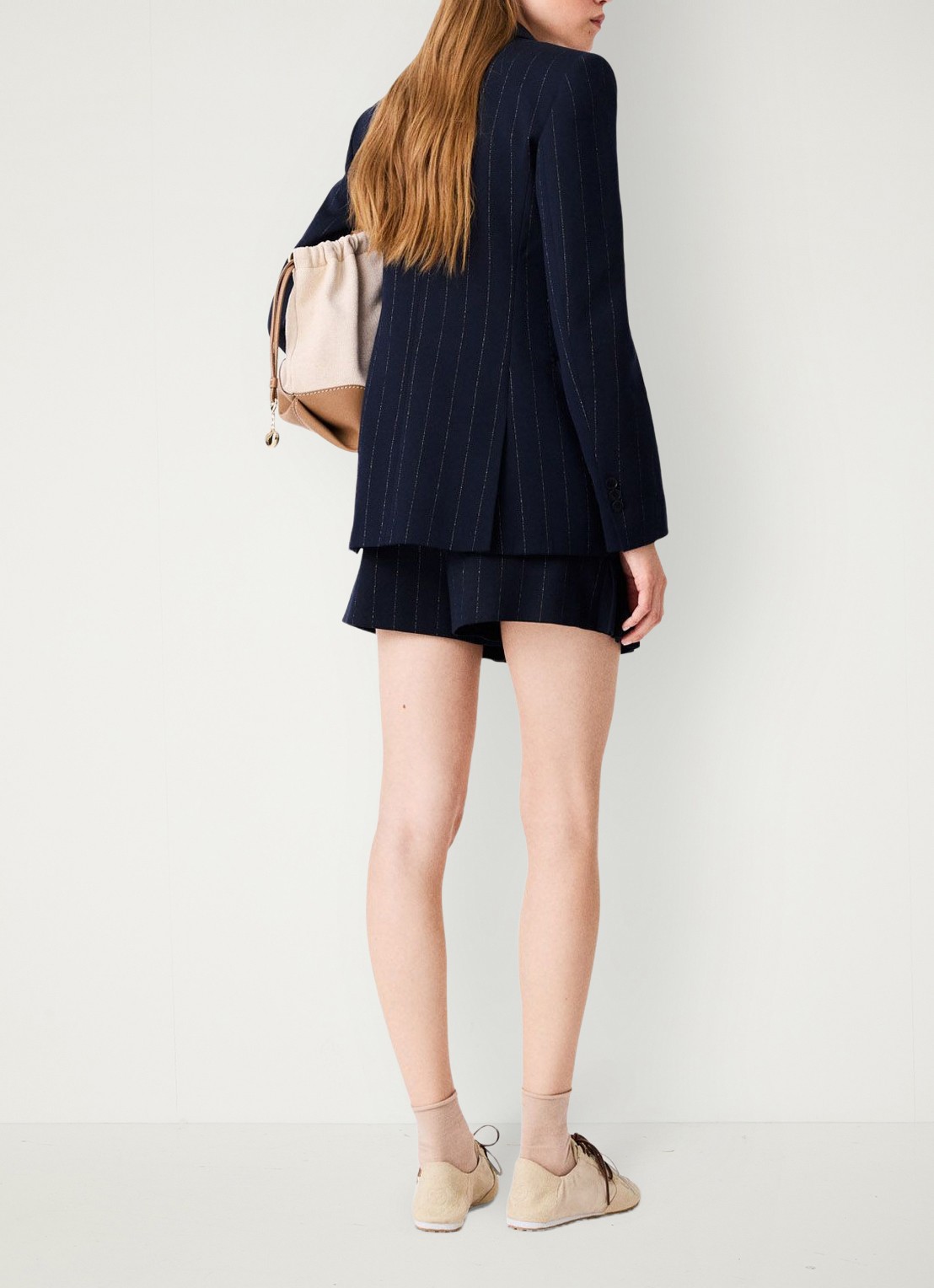 Maje Double-breasted blazer in wolblend met krijtstreep - achterkant 3 donkerblauw
