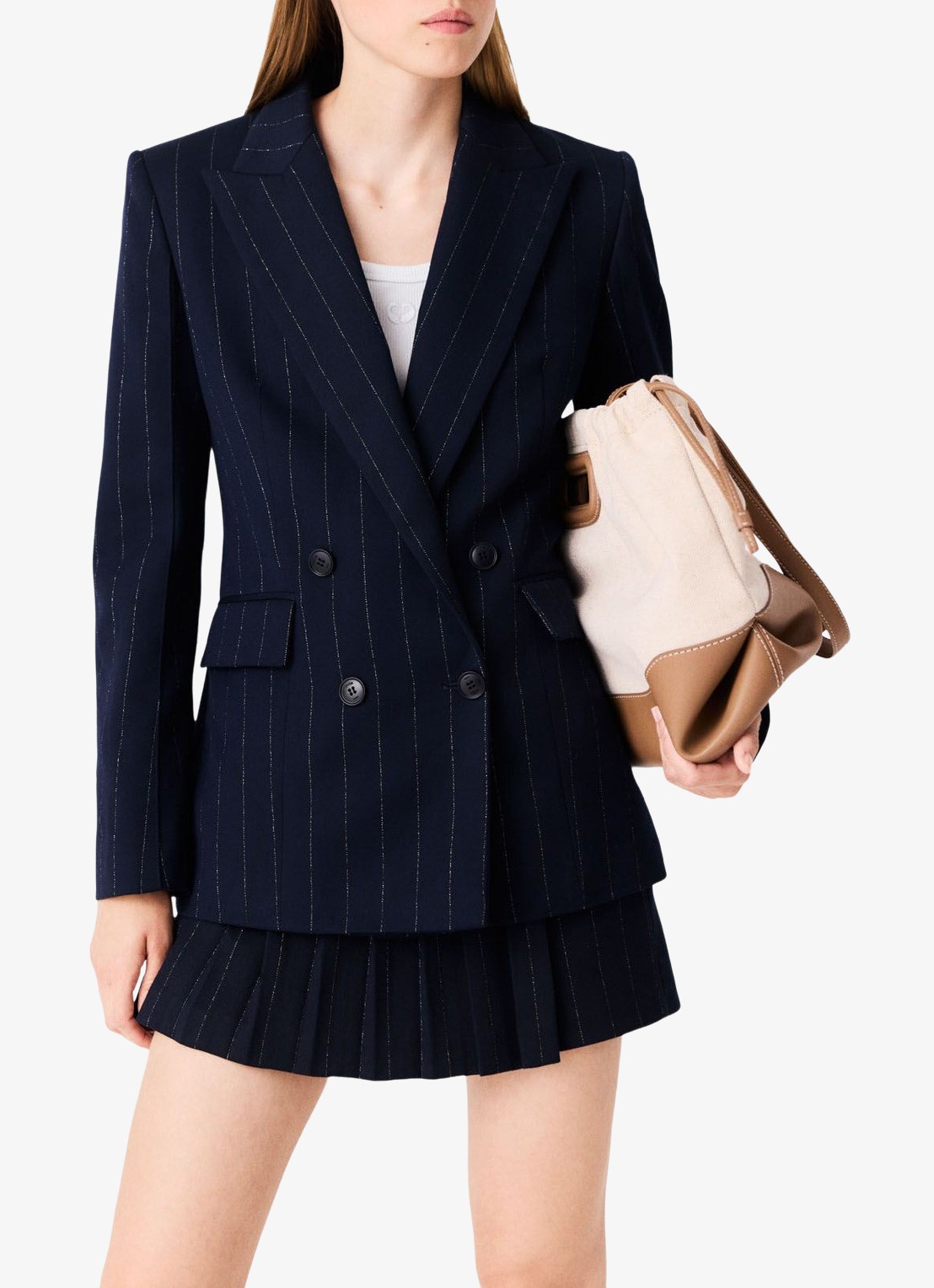 Maje Double-breasted blazer in wolblend met krijtstreep - detail 4 donkerblauw