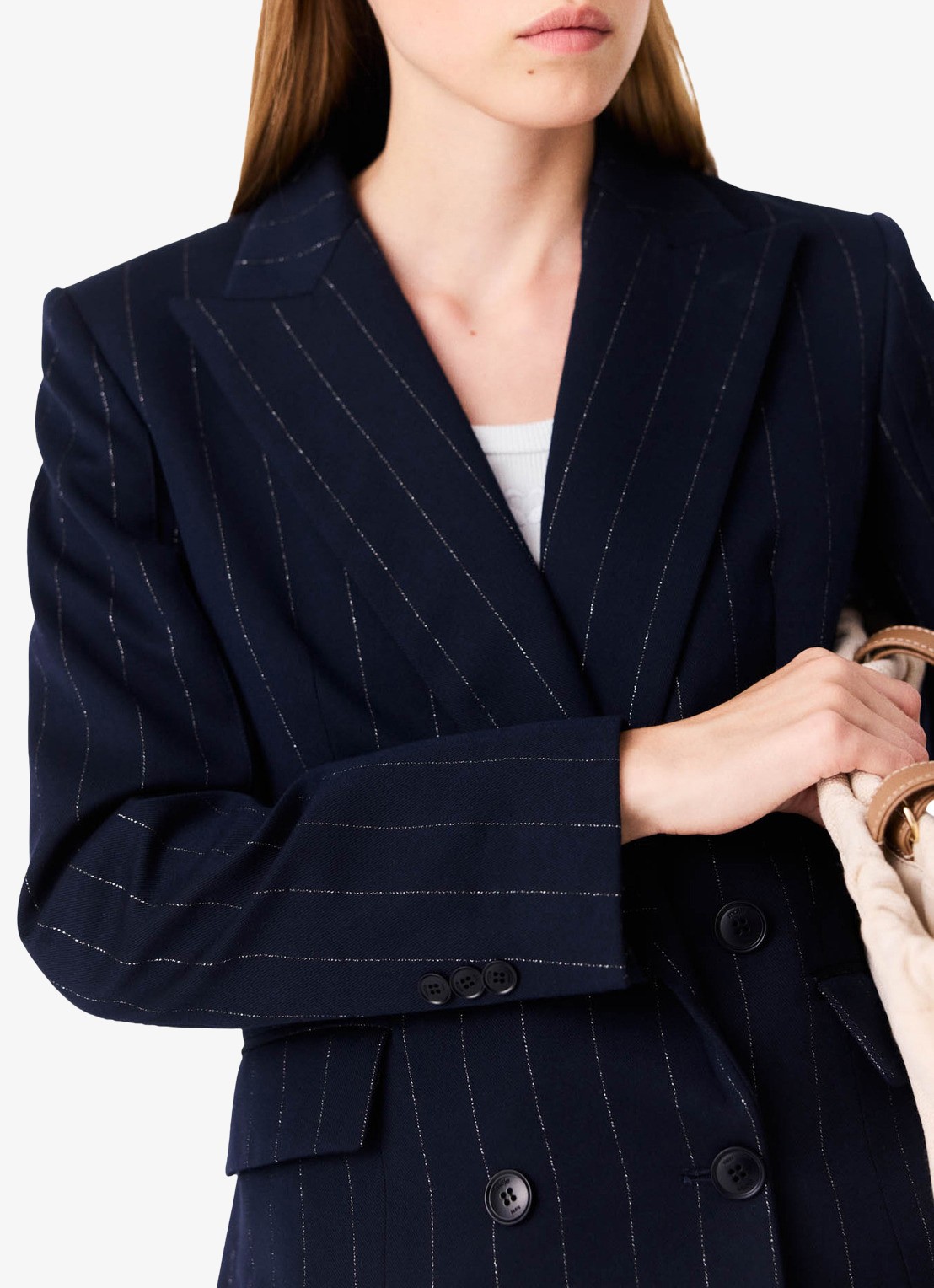 Maje Double-breasted blazer in wolblend met krijtstreep - detail 7 donkerblauw