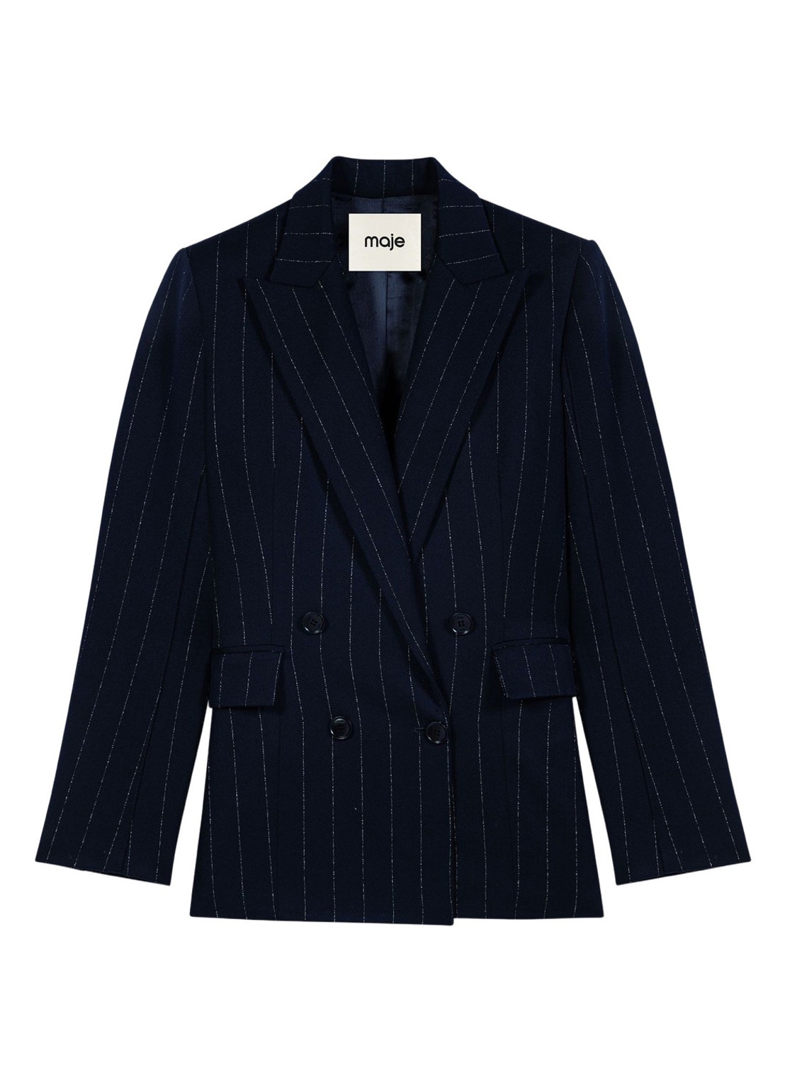 Maje Double-breasted blazer in wolblend met krijtstreep - voorkant donkerblauw