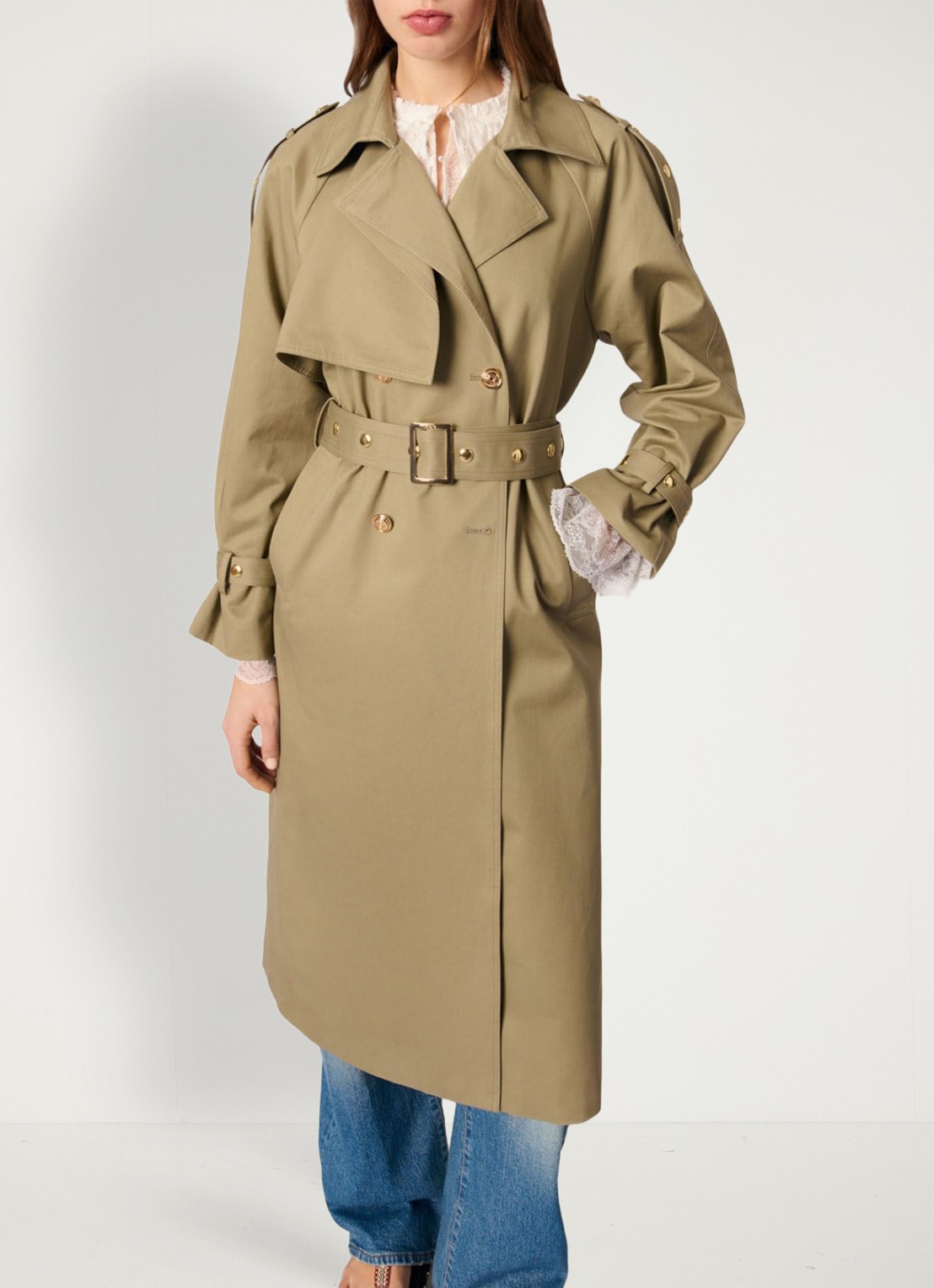 Maje Double-breasted trenchcoat met ceintuur - detail 2 khaki