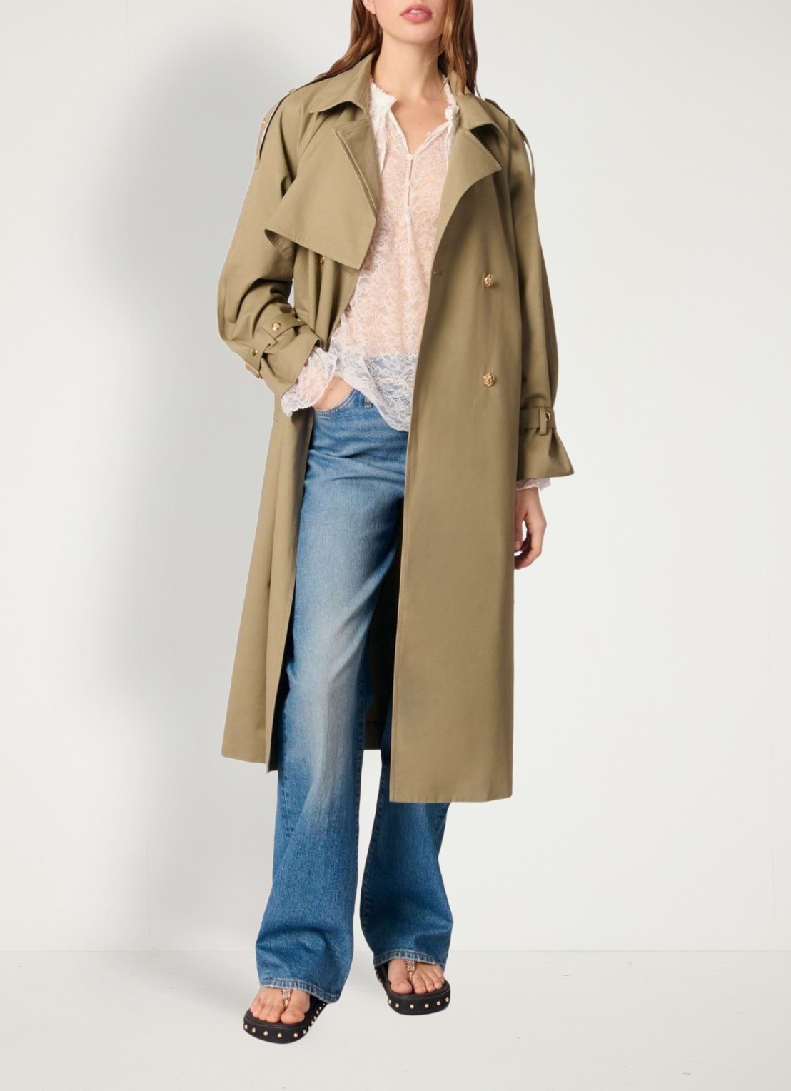 Maje Double-breasted trenchcoat met ceintuur - voorkant 7 khaki