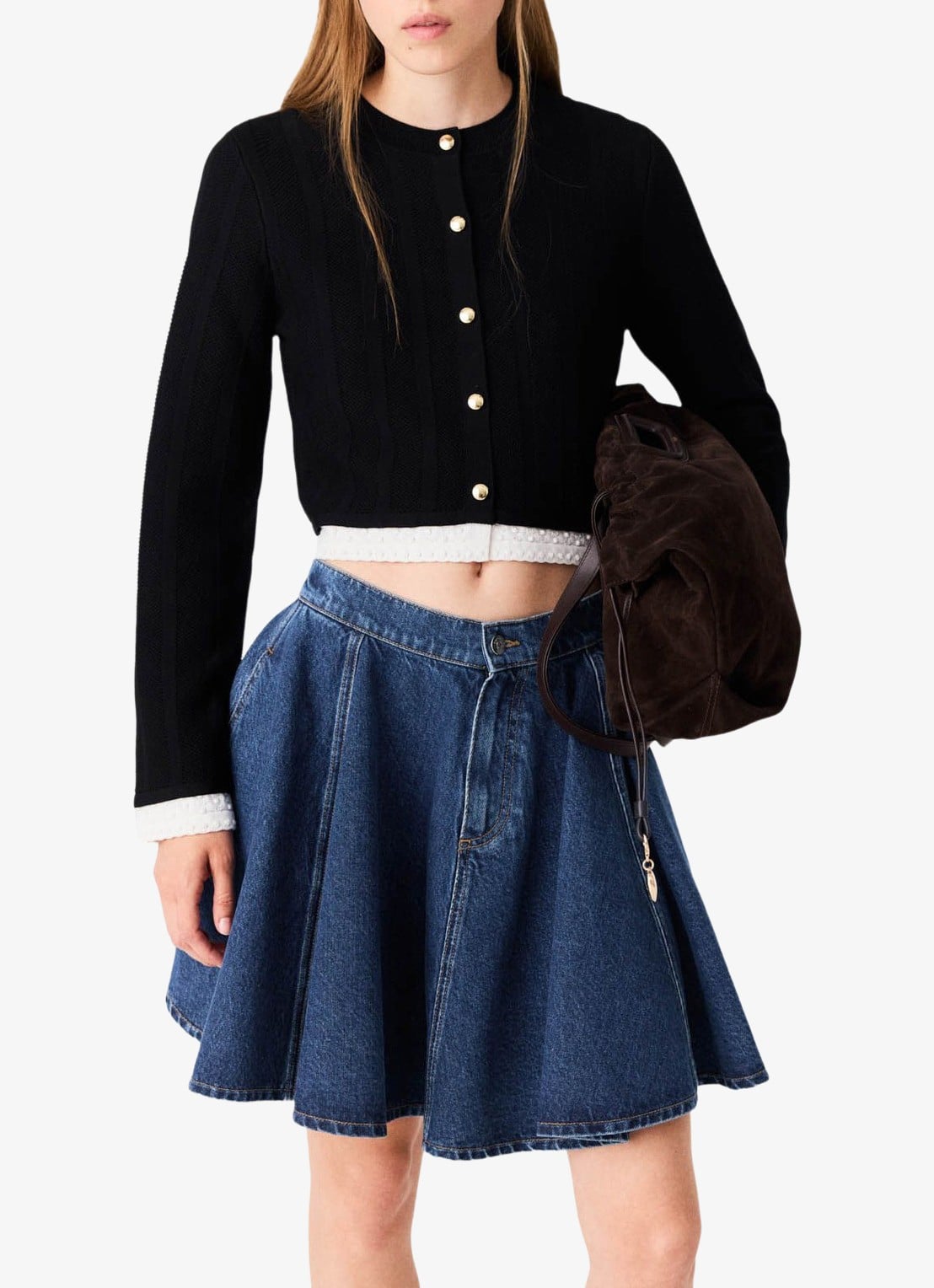 Maje Fijngebreid cropped vest met ronde hals - detail 4 zwart