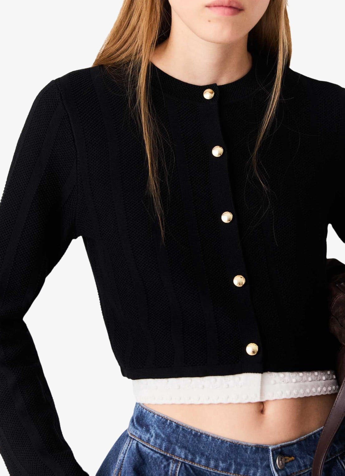 Maje Fijngebreid cropped vest met ronde hals - detail 7 zwart