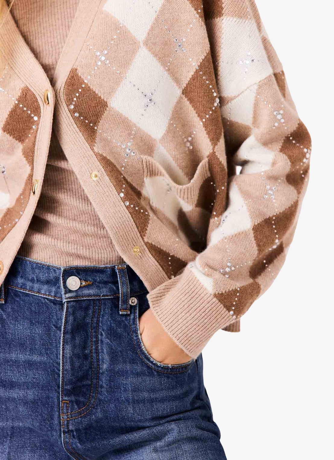 Maje Fijngebreid vest van wol met ruitdessin en strass - detail 4 beige