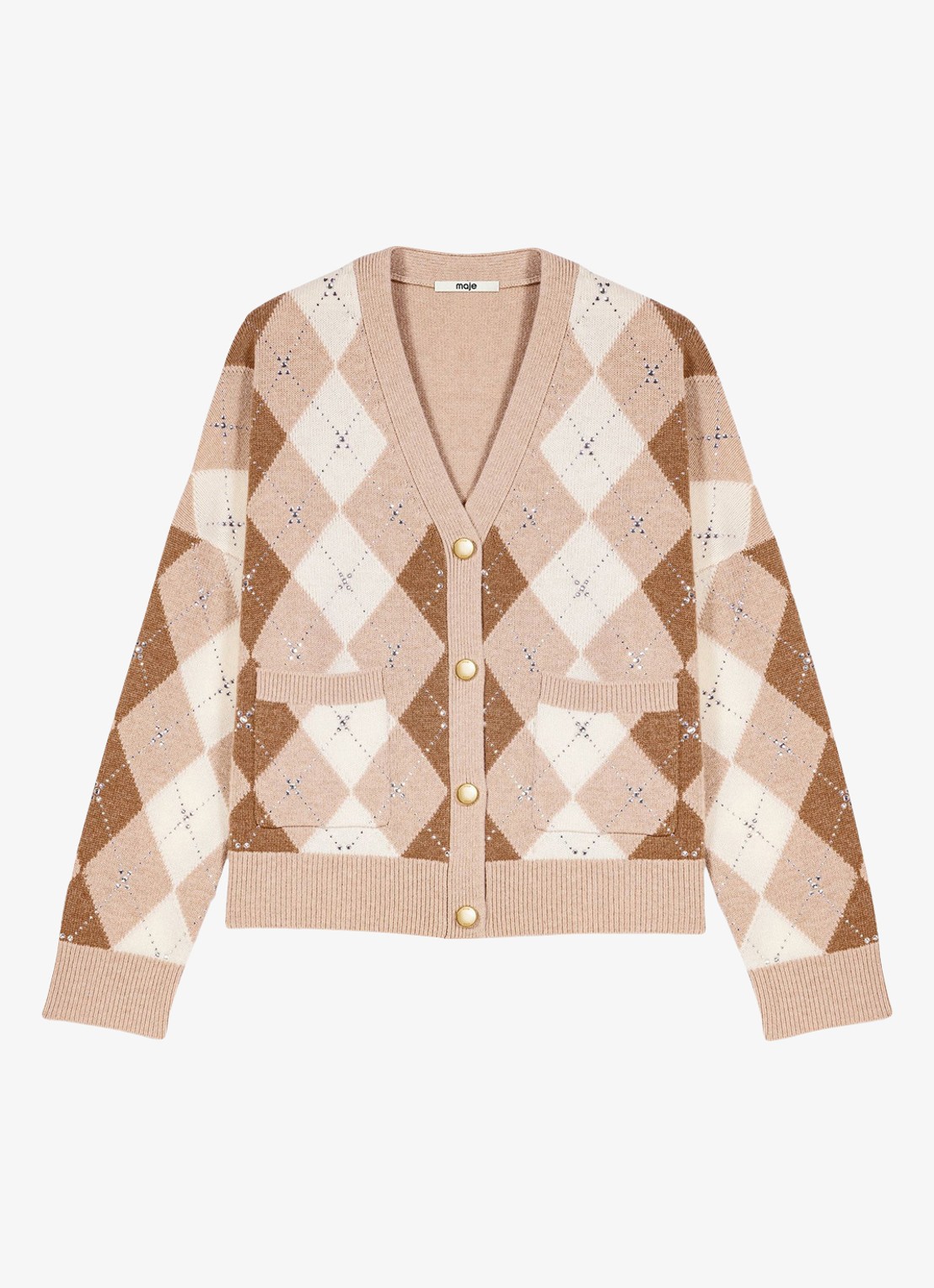 Maje Fijngebreid vest van wol met ruitdessin en strass - voorkant 6 beige