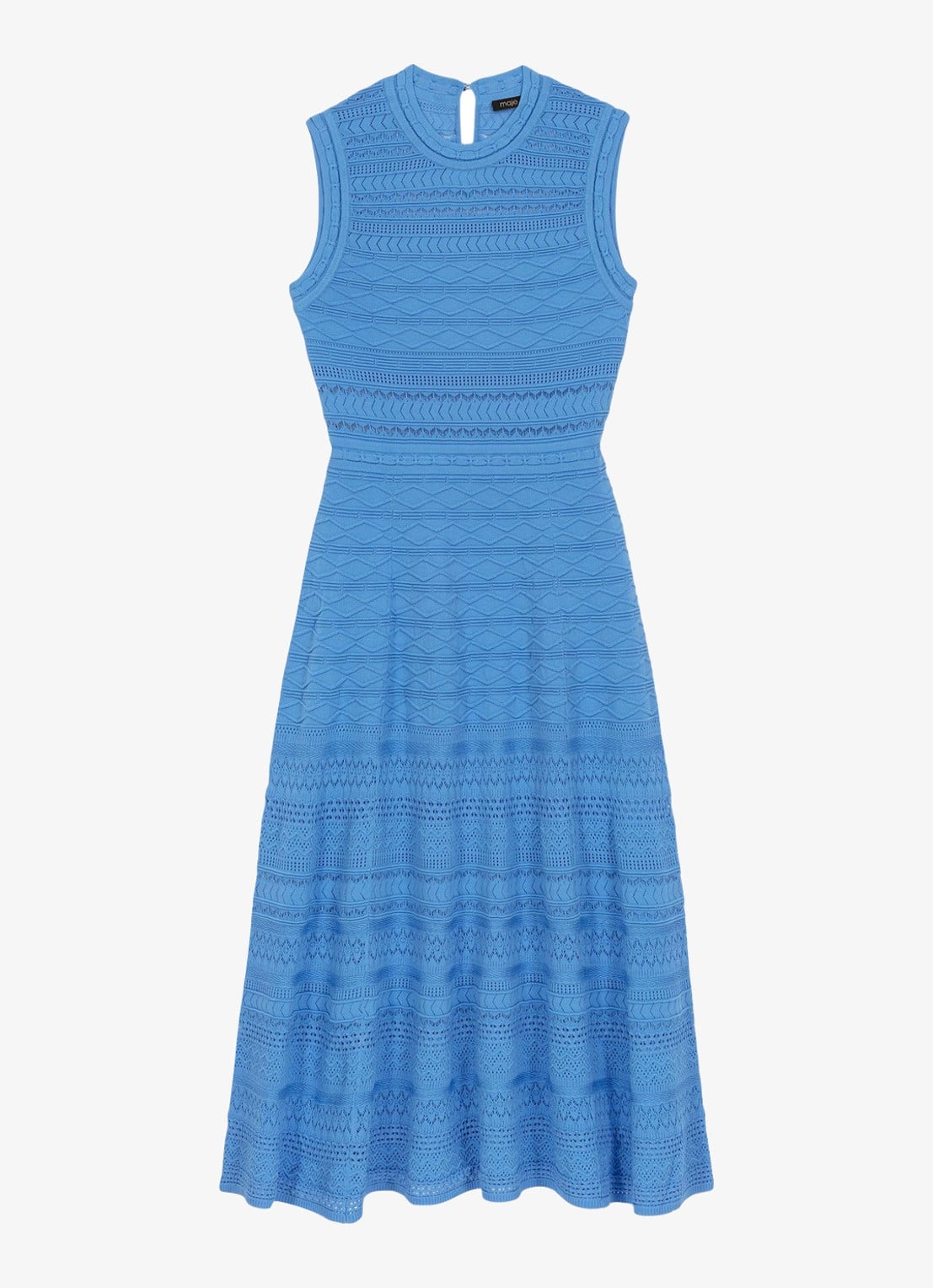 Maje Fijngebreide midi jurk met opengewerkt dessin - voorkant blauw