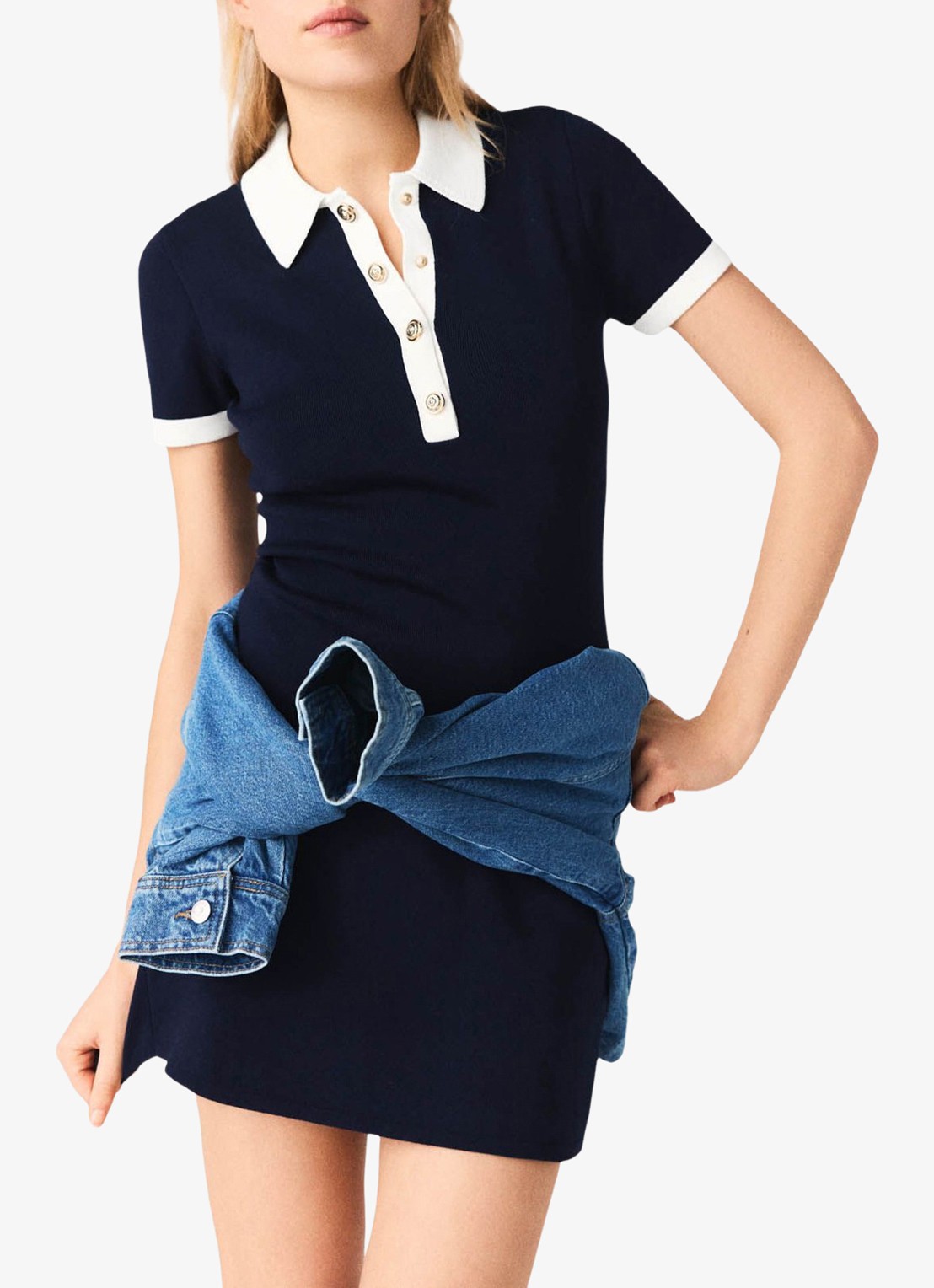 Maje Fijngebreide mini tuniekjurk met polokraag - detail donkerblauw