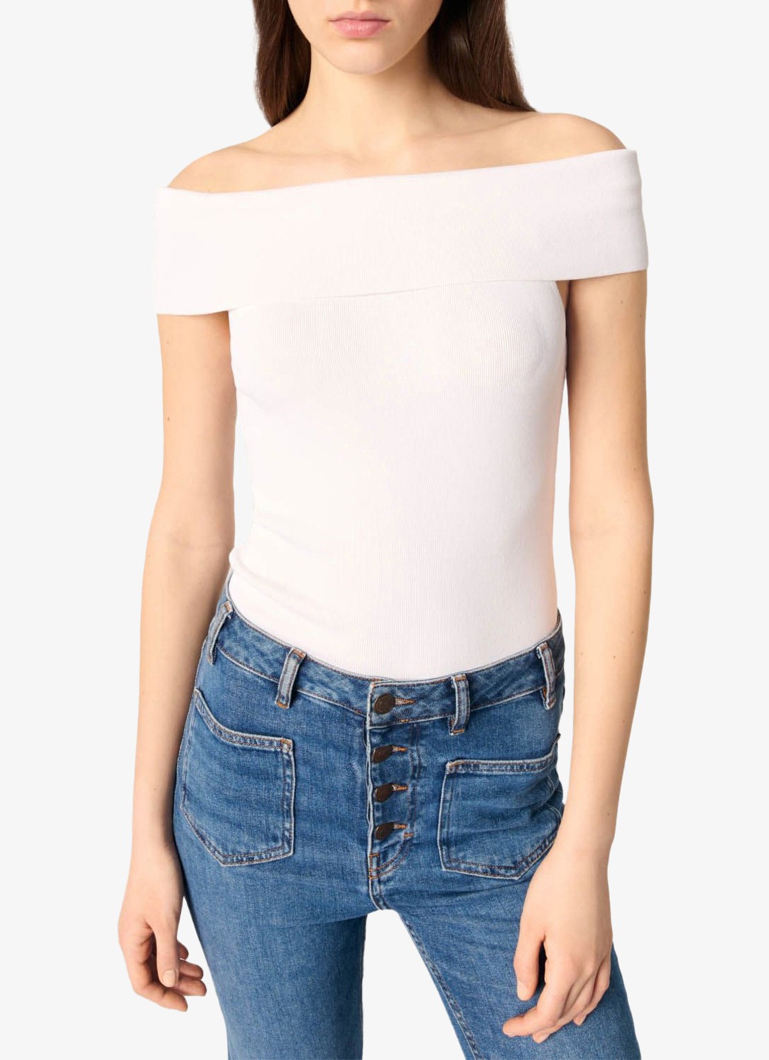 Maje Fijngebreide off shoulder top - detail wit
