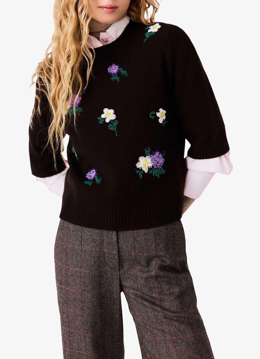 Maje Fijngebreide pullover van wol met bloemborduring - detail 2 bruin