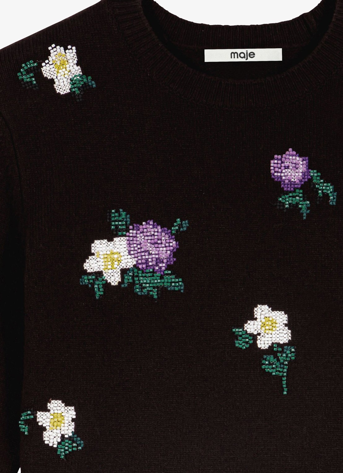 Maje Fijngebreide pullover van wol met bloemborduring - detail 5 bruin