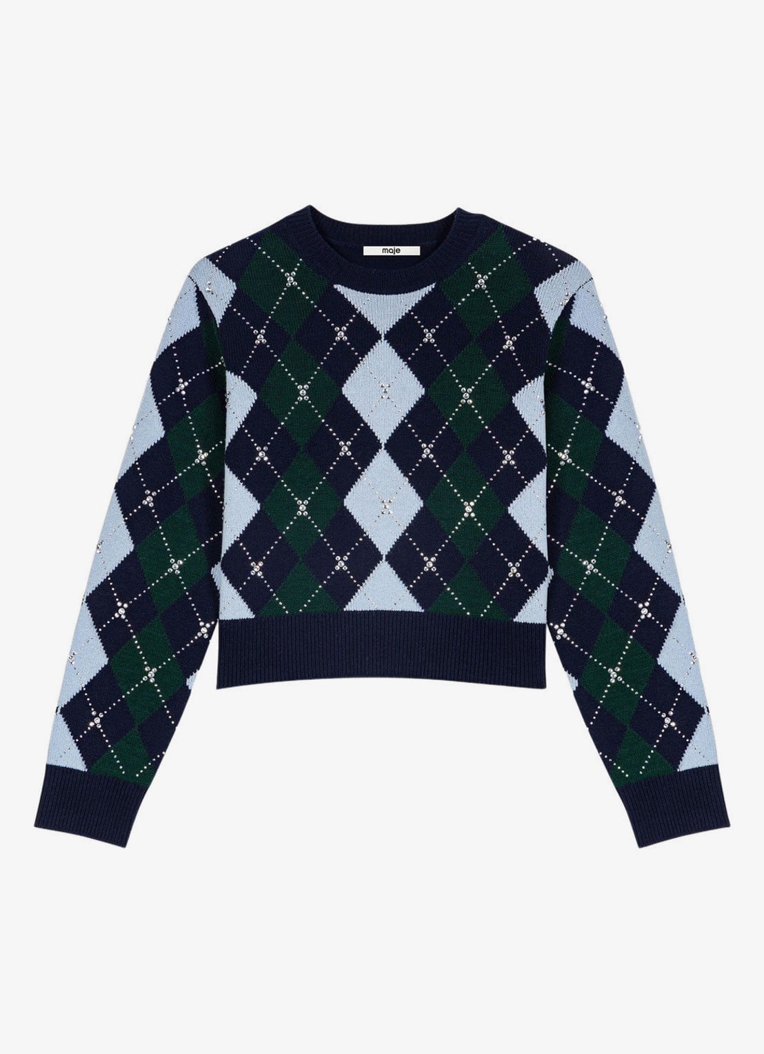 Maje Fijngebreide trui met ruitdessin - voorkant 2 navy/green