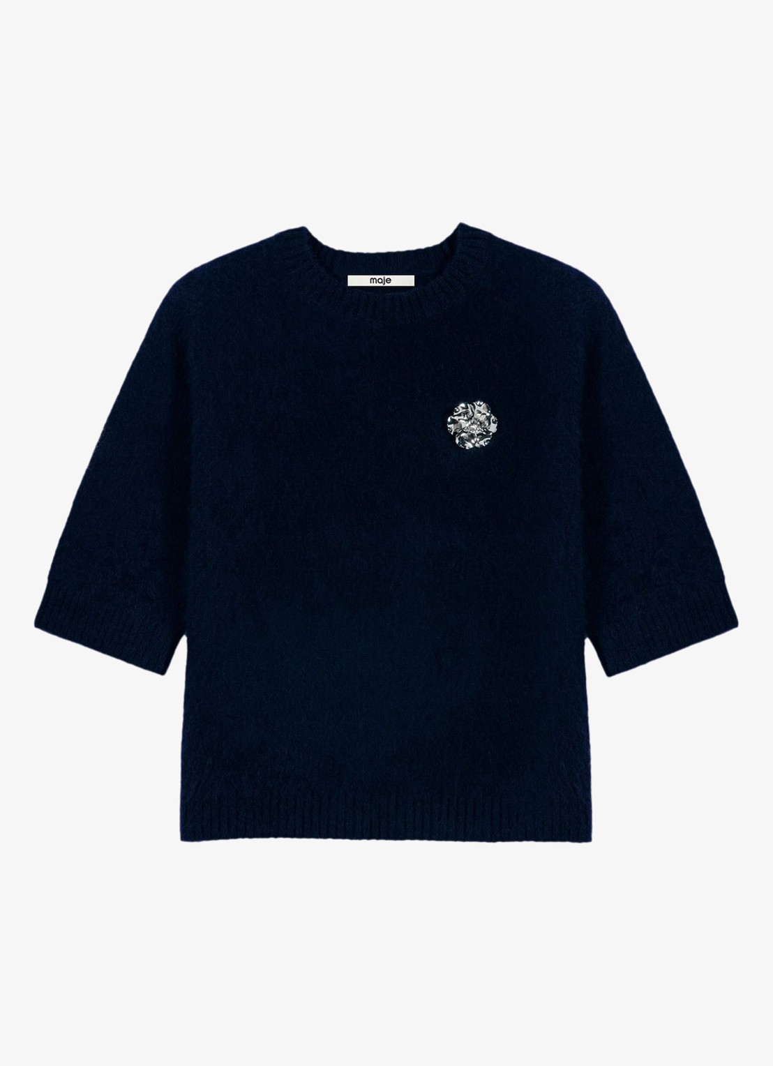 Maje Fijngebreide trui van wol met broche - voorkant 6 donkerblauw