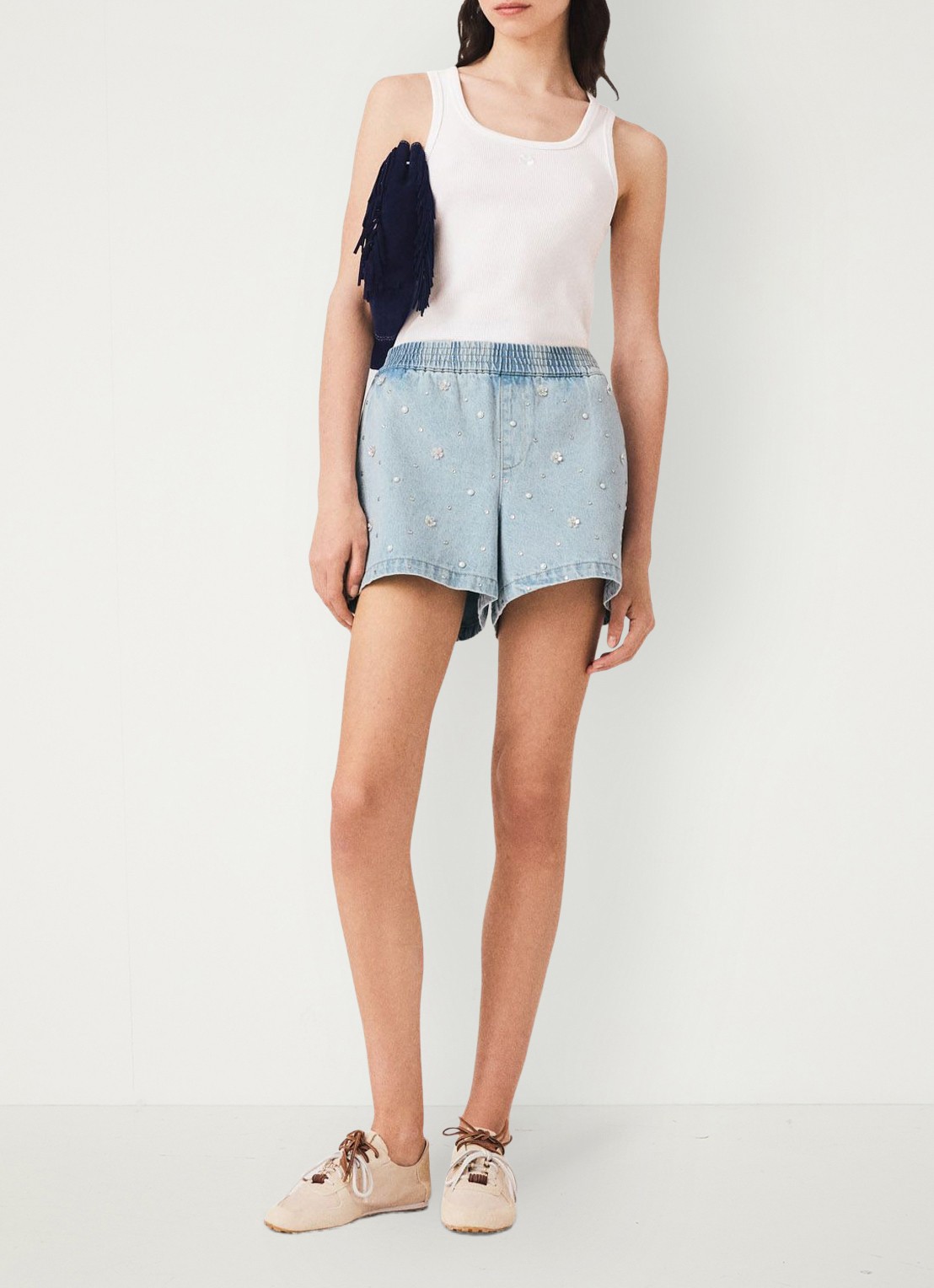 Maje Gebloemde denim shorts - voorkant 3 lichtblauw