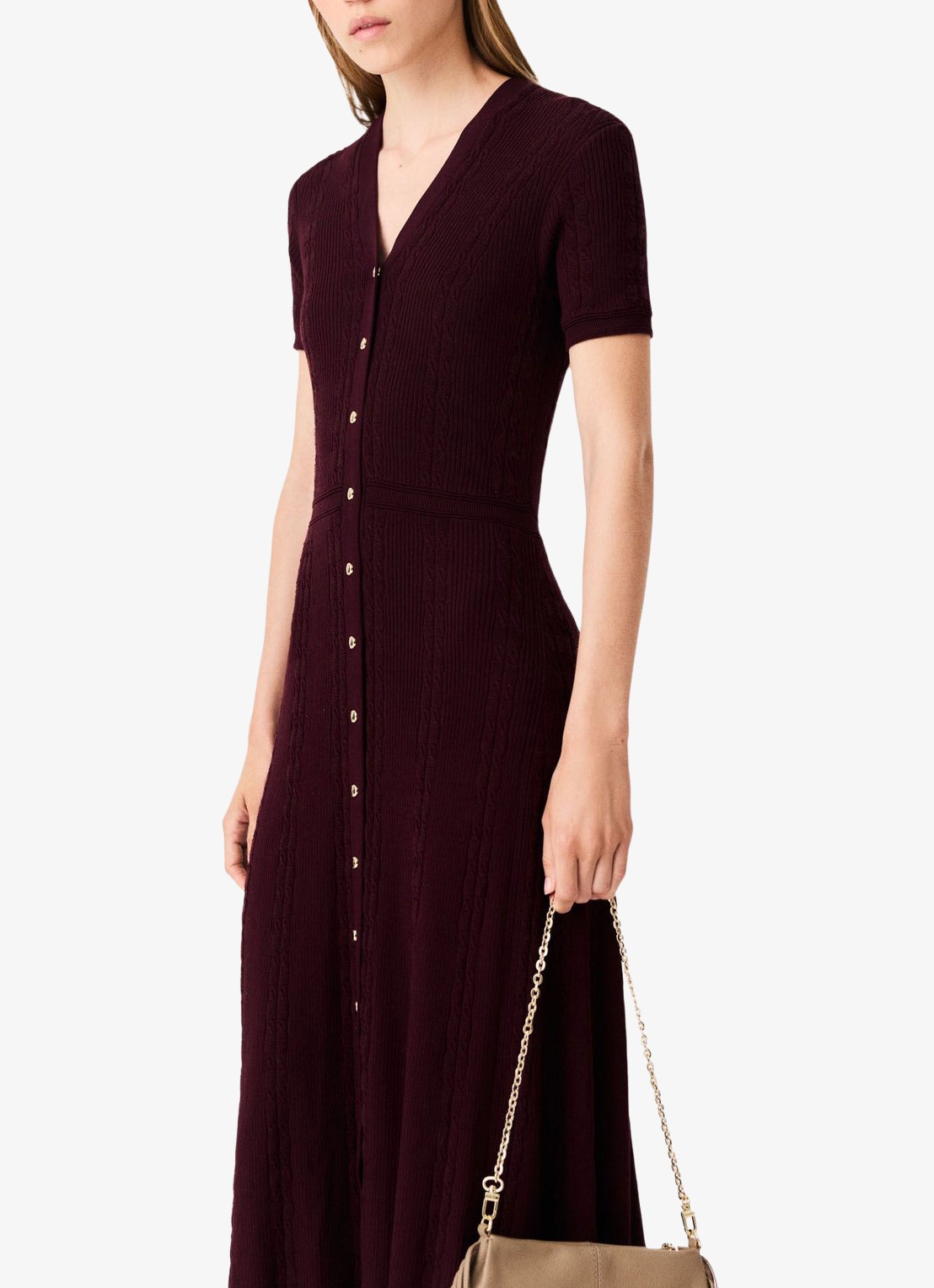 Maje Gebreide maxi-jurk met gouden knopen - detail 2 bordeauxrood