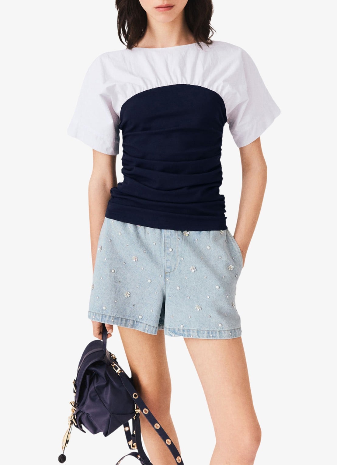 Maje Geplooide jersey top - detail 4 wit / navy