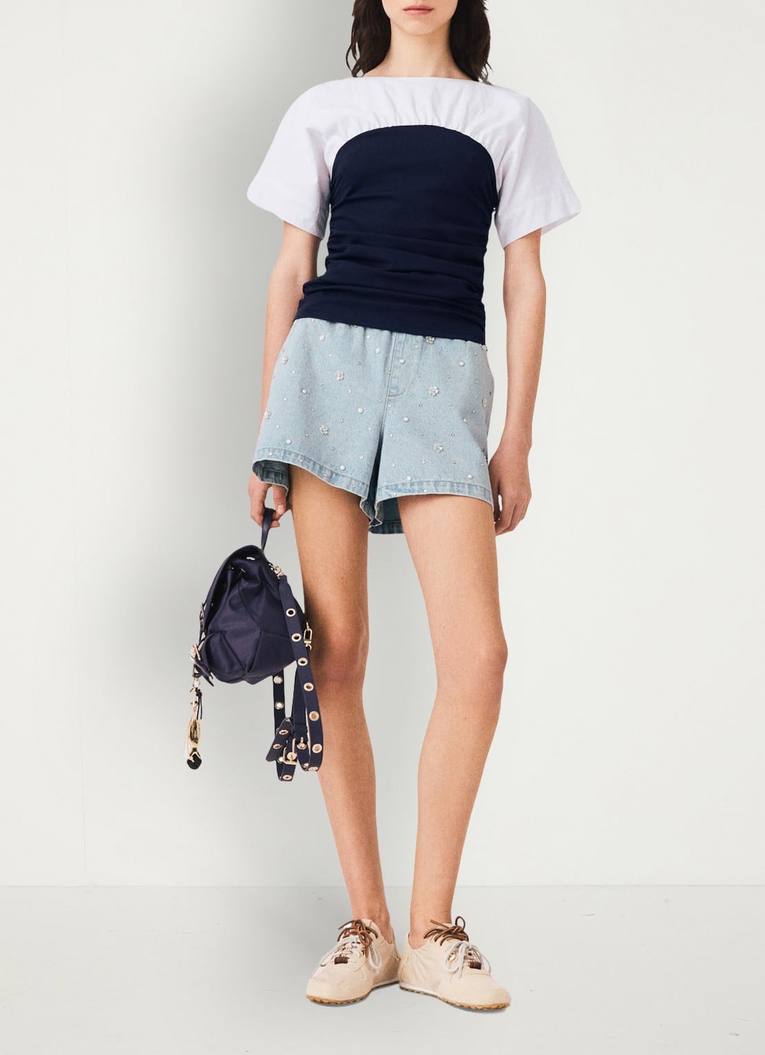 Maje Geplooide jersey top - voorkant 2 wit / navy