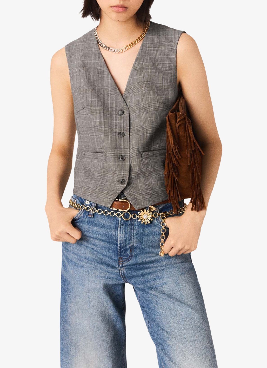 Maje Gilet in wolblend met ruitdessin - detail 2 grijs