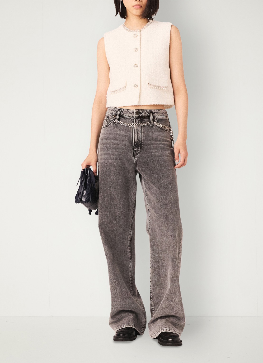 Maje Gilet met tweed-look  - voorkant 2 beige