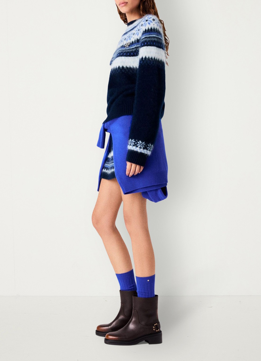 Maje Grofgebreide pullover met ingebreide print - detail donkerblauw