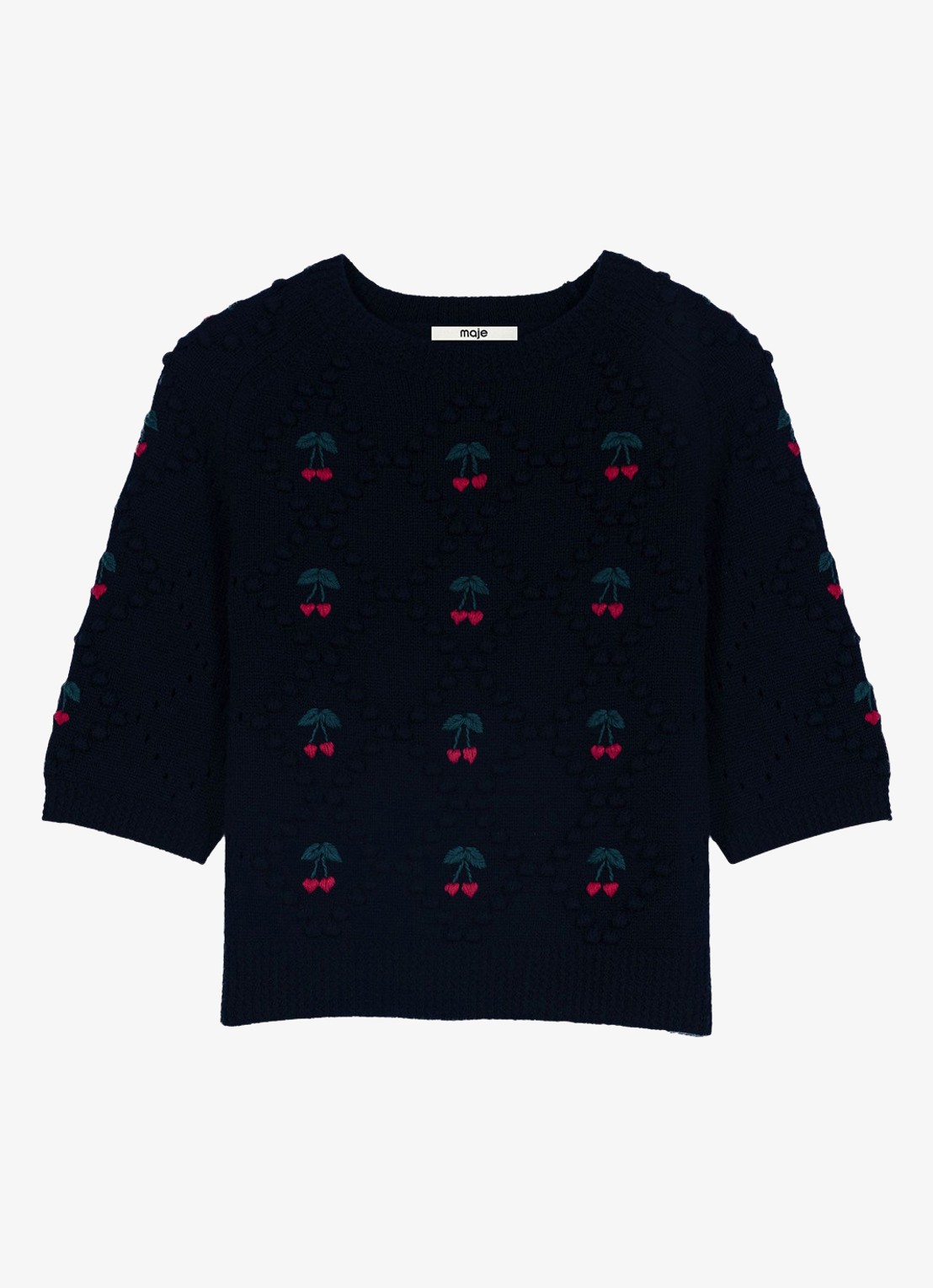 Maje Grofgebreide pullover van wol met borduring - voorkant 2 donkerblauw