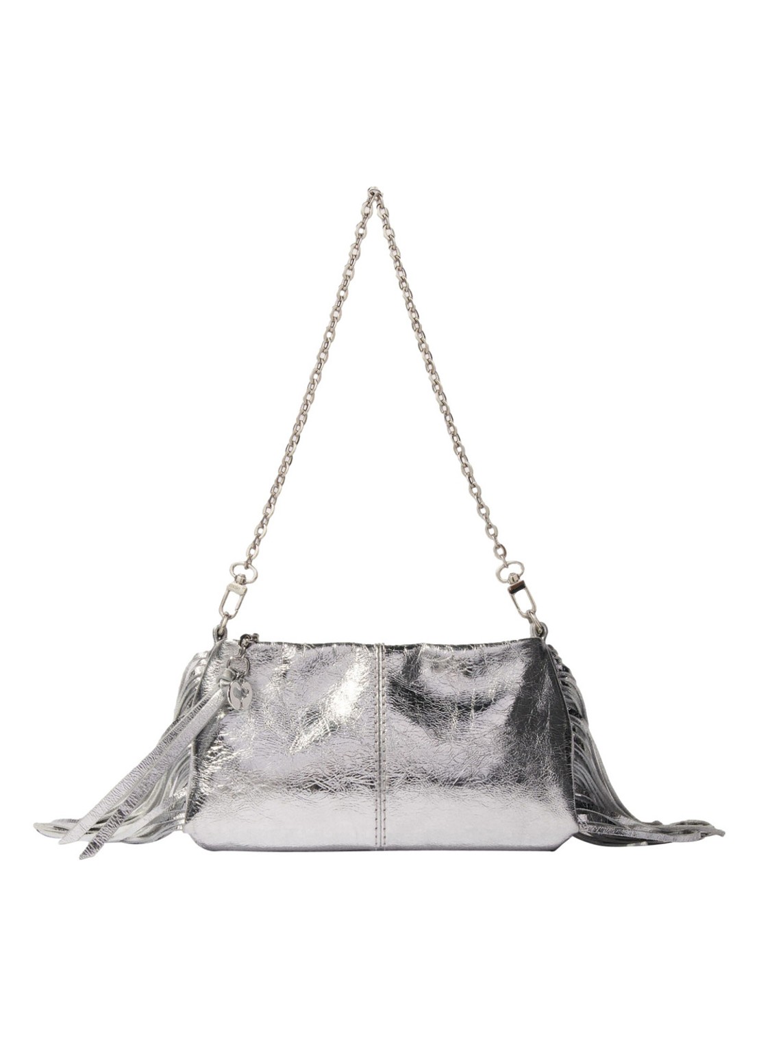 Maje Handtas van leer met franjes en metallic finish - voorkant 2 zilver