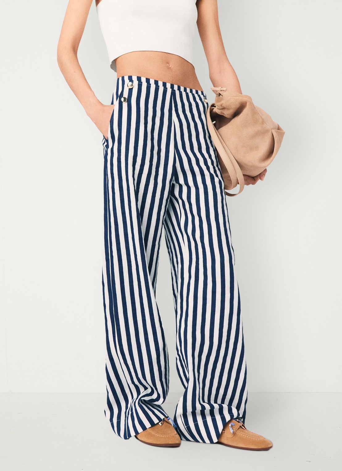 Maje High waist loose fit pantalon met streepprint - detail 4 donkerblauw