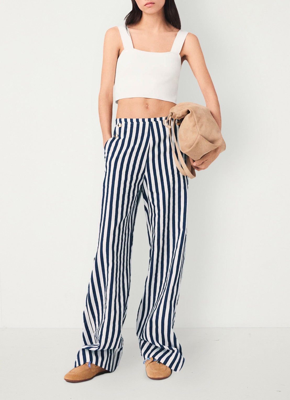 Maje High waist loose fit pantalon met streepprint - voorkant 2 donkerblauw