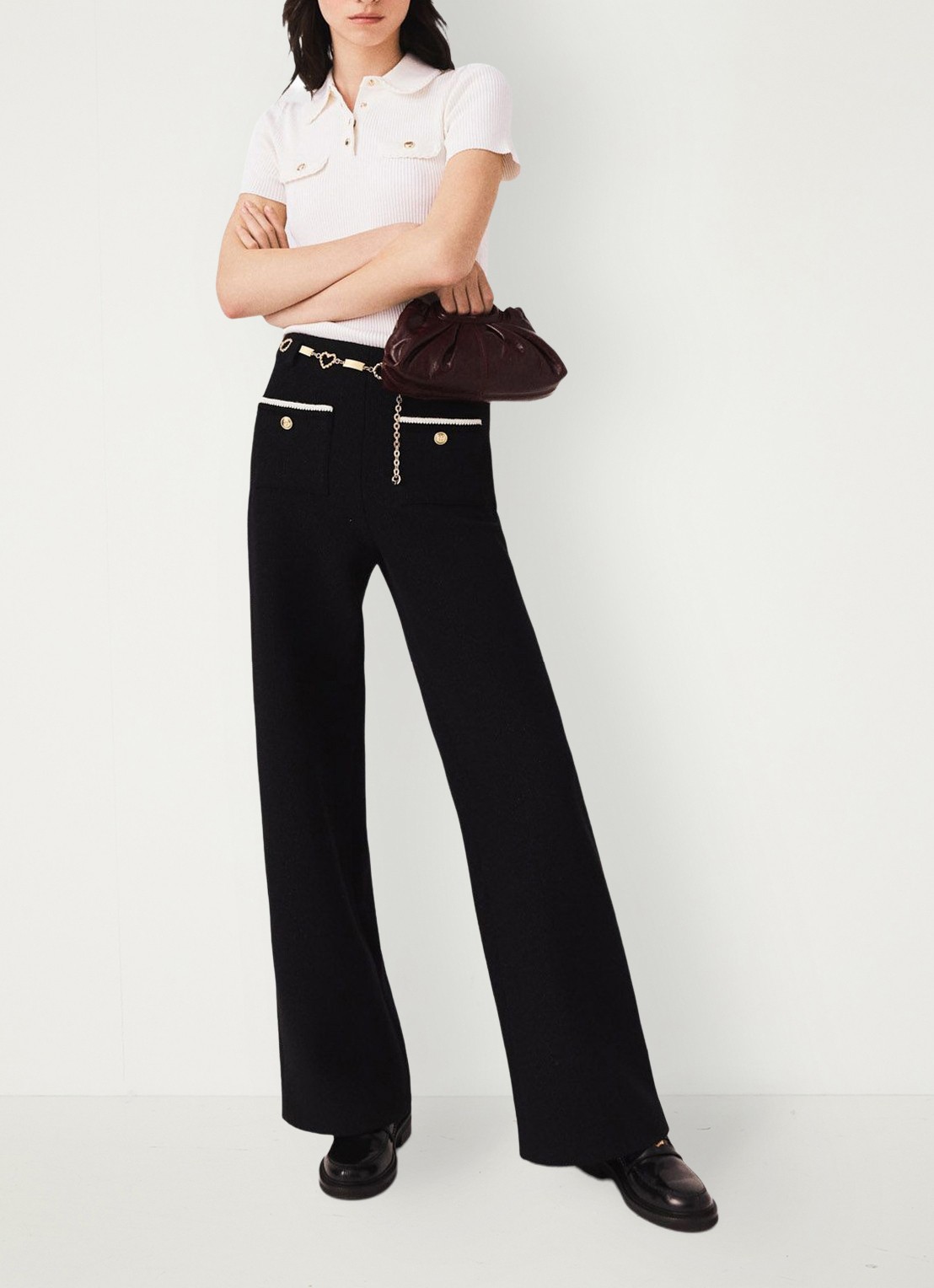 Maje High waist loose fit pantalon met tweed-look - detail 3 zwart