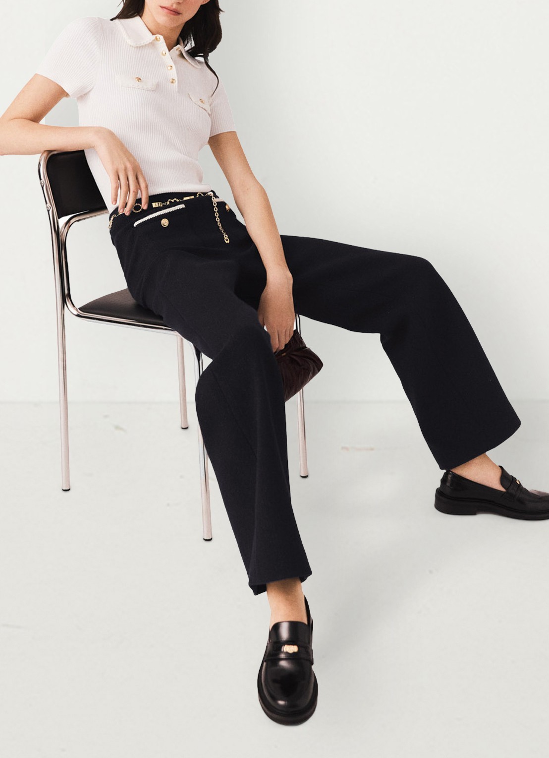 Maje High waist loose fit pantalon met tweed-look - detail 4 zwart