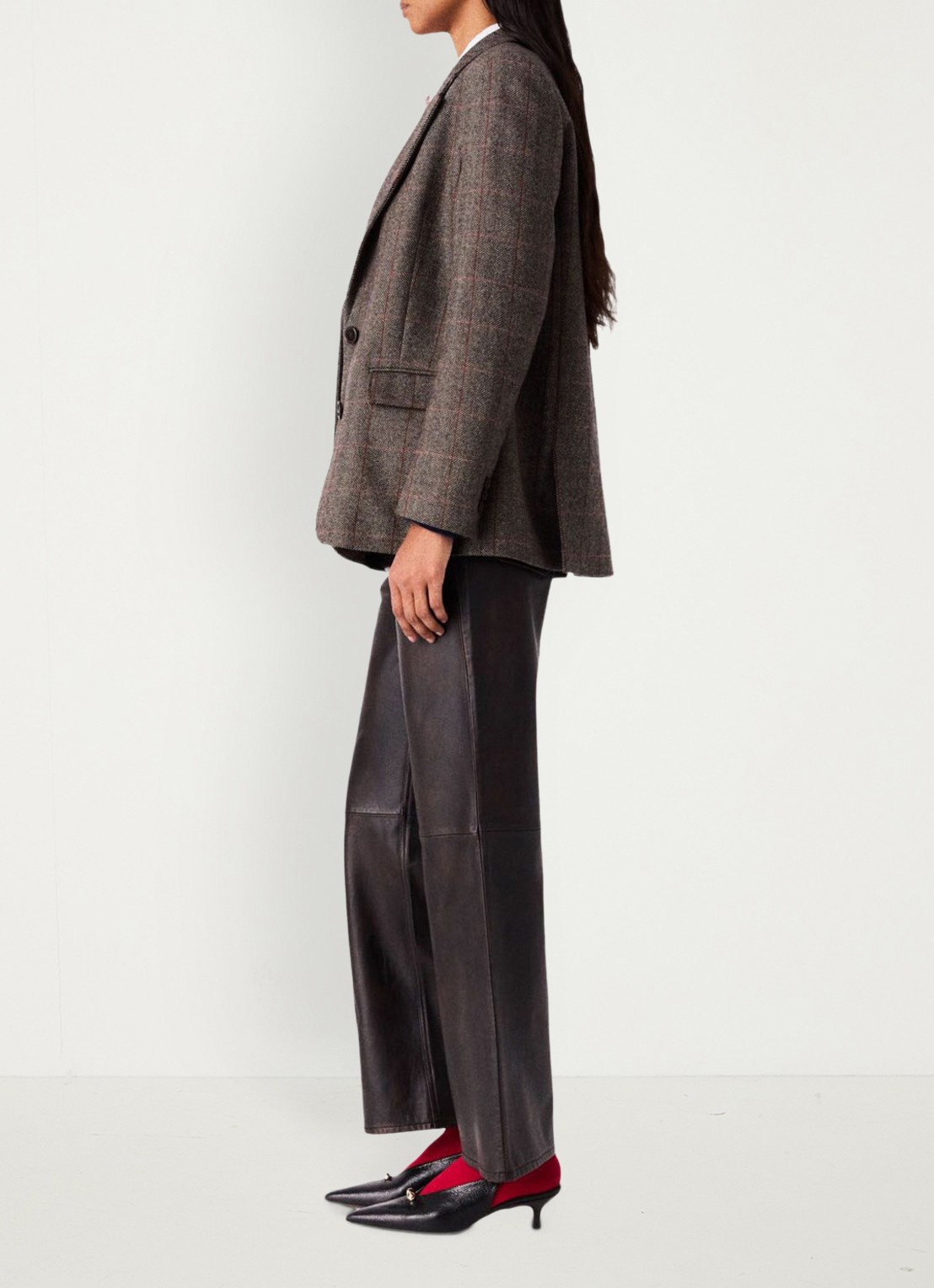 Maje High waist straight fit broek van lamsleer - detail 4 donkerbruin