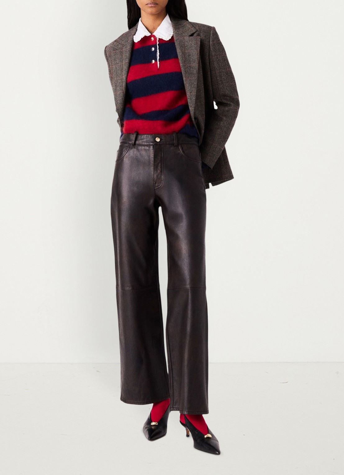 Maje High waist straight fit broek van lamsleer - detail 5 donkerbruin