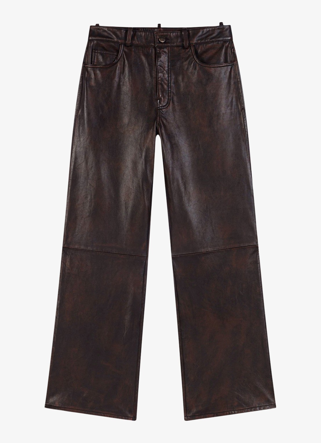 Maje High waist straight fit broek van lamsleer - voorkant 2 donkerbruin
