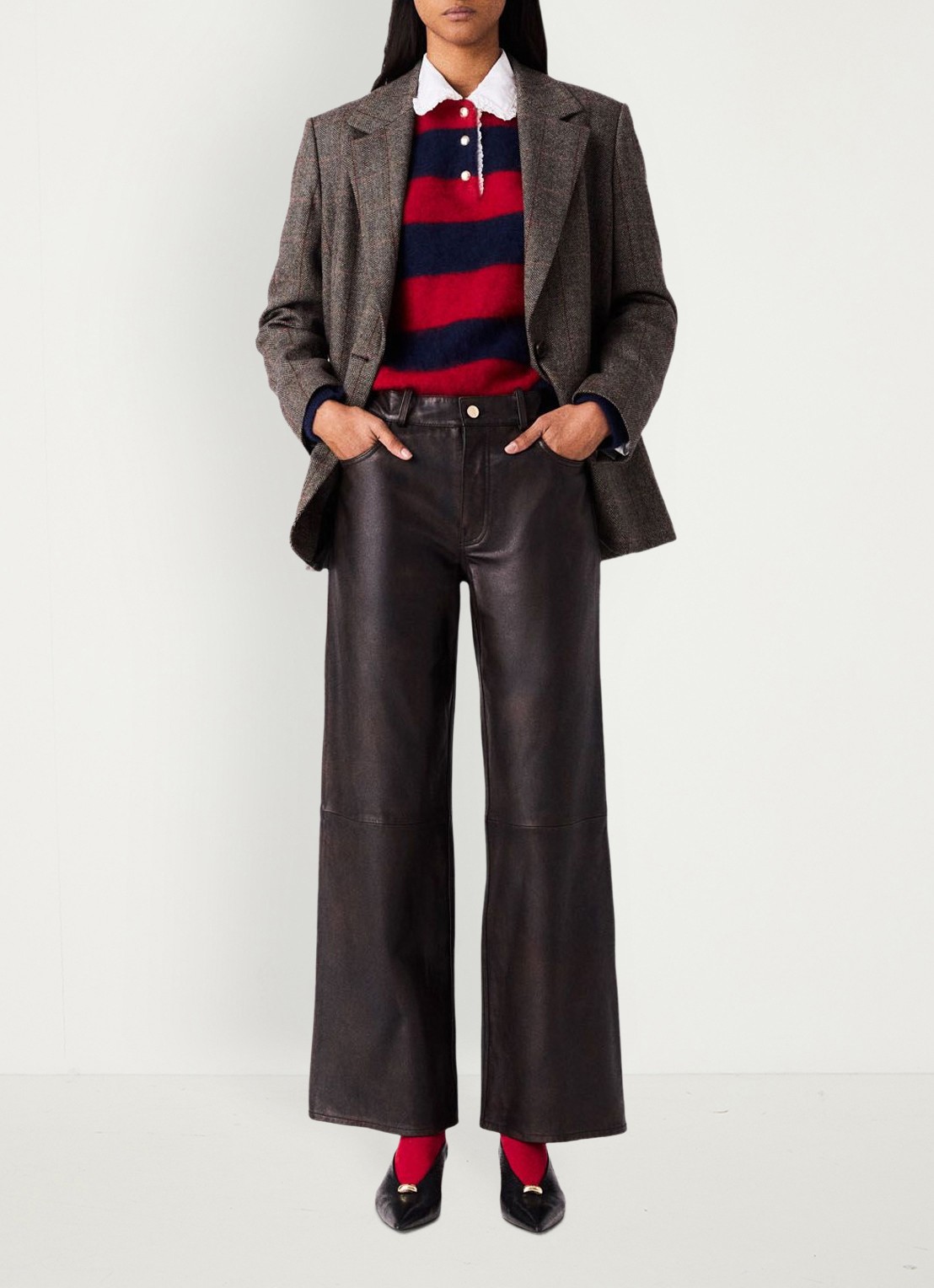 Maje High waist straight fit broek van lamsleer - voorkant 3 donkerbruin