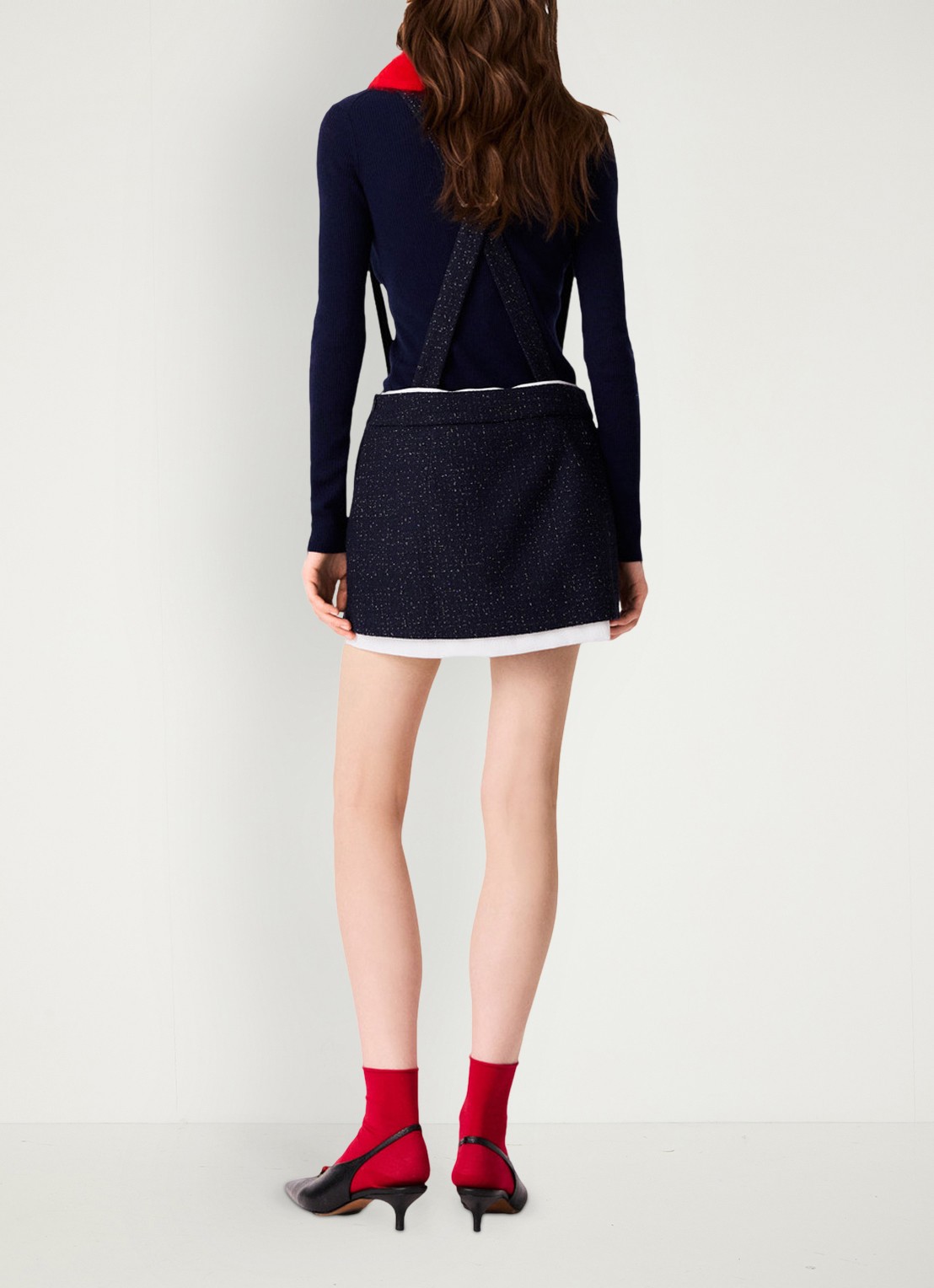 Maje High waist straight fit korte broek met bretels en tweed-look - achterkant 8 donkerblauw