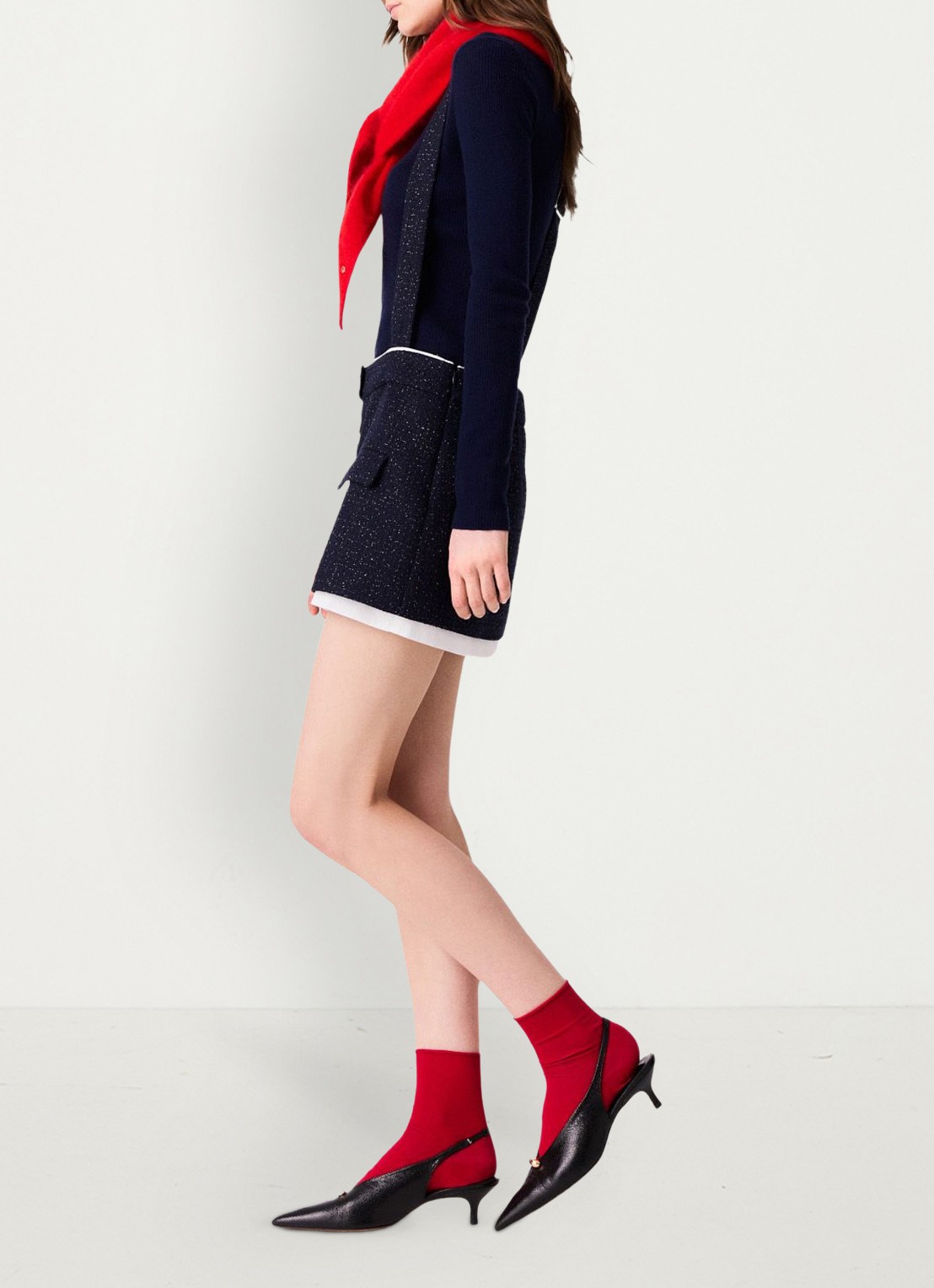 Maje High waist straight fit korte broek met bretels en tweed-look - detail donkerblauw