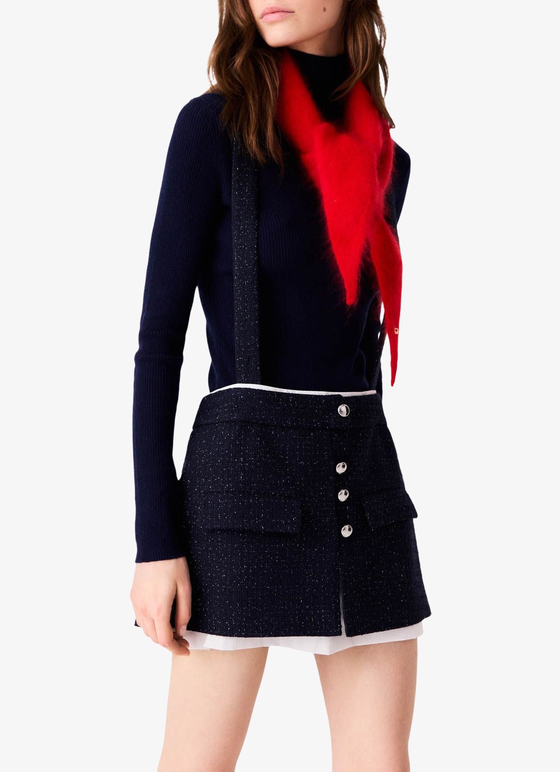 Maje High waist straight fit korte broek met bretels en tweed-look - detail 2 donkerblauw