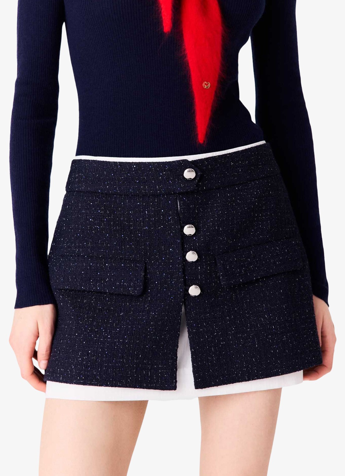 Maje High waist straight fit korte broek met bretels en tweed-look - detail 3 donkerblauw