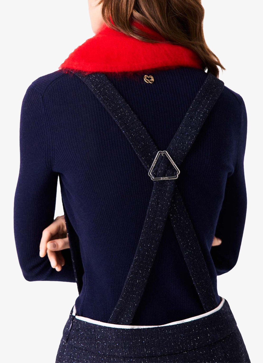 Maje High waist straight fit korte broek met bretels en tweed-look - detail 4 donkerblauw