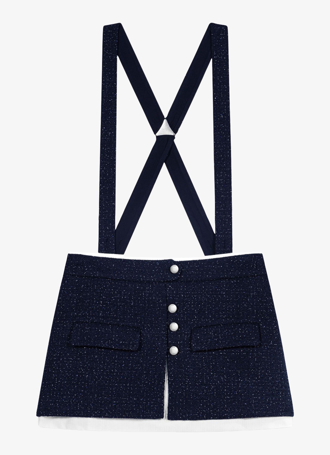 Maje High waist straight fit korte broek met bretels en tweed-look - voorkant 6 donkerblauw