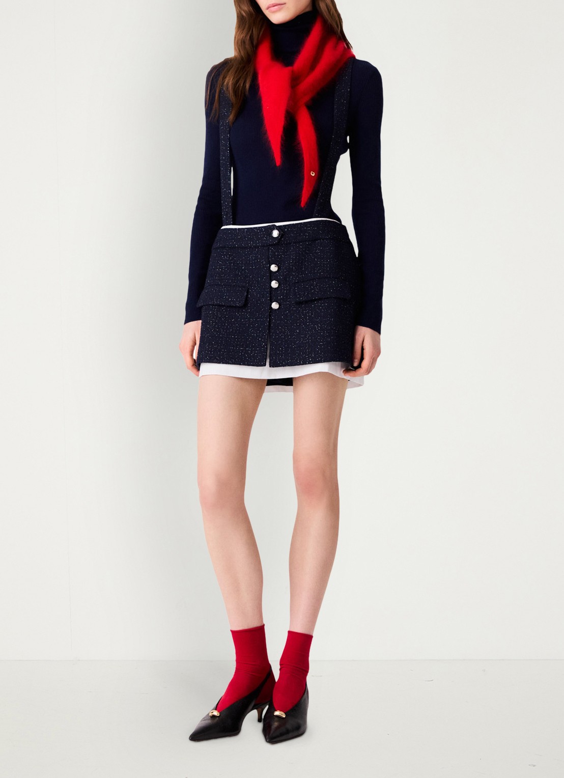 Maje High waist straight fit korte broek met bretels en tweed-look - voorkant 7 donkerblauw