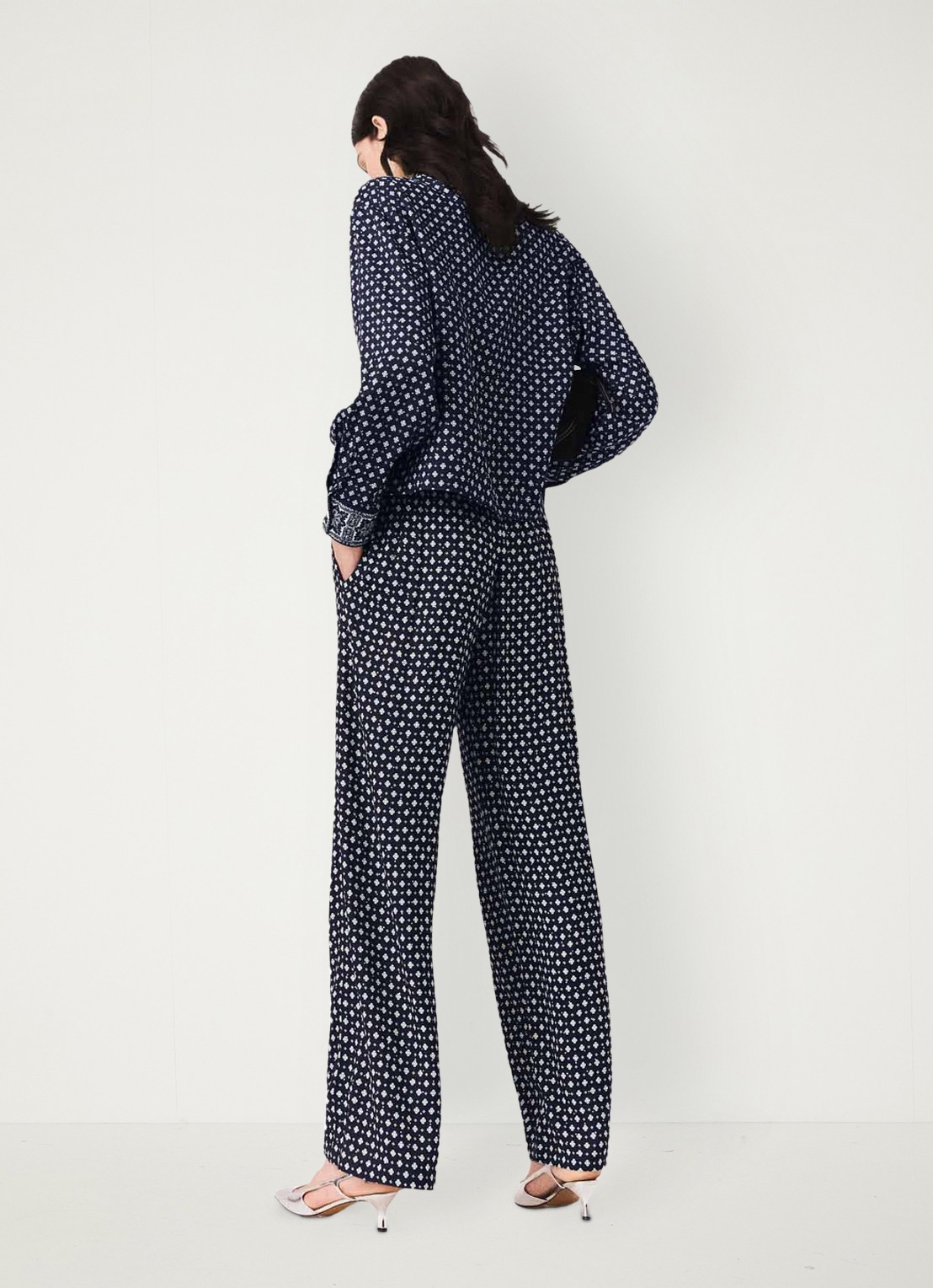 Maje High waist wide fit broek met print - achterkant 8 donkerblauw