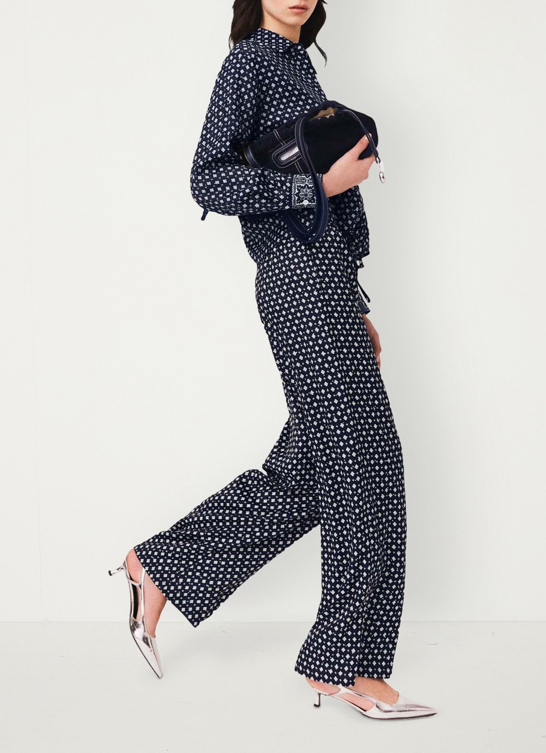 Maje High waist wide fit broek met print - detail 5 donkerblauw