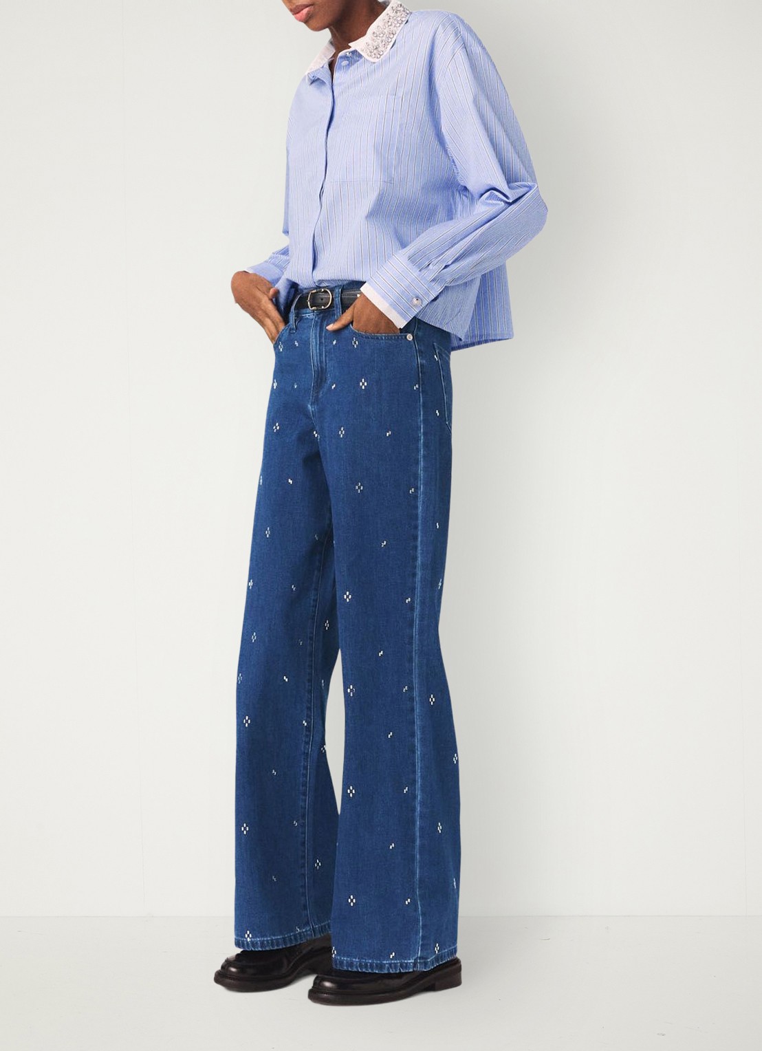Maje High waist wide fit jeans met strass - detail 2 donkerblauw